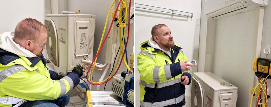Asentaja huoltamassa ilmalämpöpumppua.