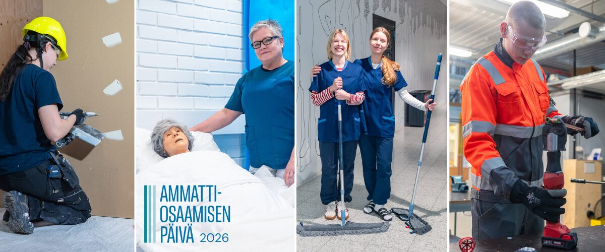 Pintakäsittelijä, lähihoitaja, siivojat ja putkiasentaja. LIsäksi Ammattiosaamisen päivän logo.