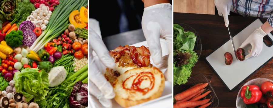 Kolmessa kuvassa käsitellään elintarvikkeita hygieenisesti.