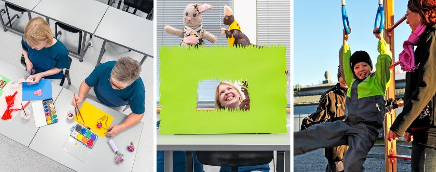 Kolmen kuvan kollaasi, joissa askarrellaan, esitetään nukketeatteria ja leikitään ulkona.