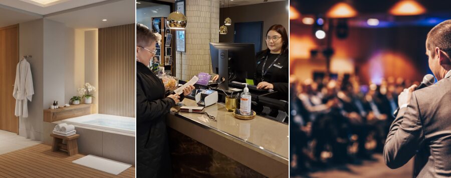 Matkailupalvelujen kollaasikuva, jossa kuva kylpylästä, vastaanotosta ja tapahtumasta.