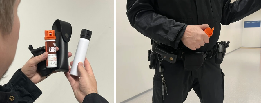 Kollaasin ensimmäisessä kuvassa järjestyksenvalvoja esittelee sumutepurkkeja. Kollaasin toisessa kuvassa järjestyksenvalvoja on valmiina sumuttamaan kaasusumutetta.
