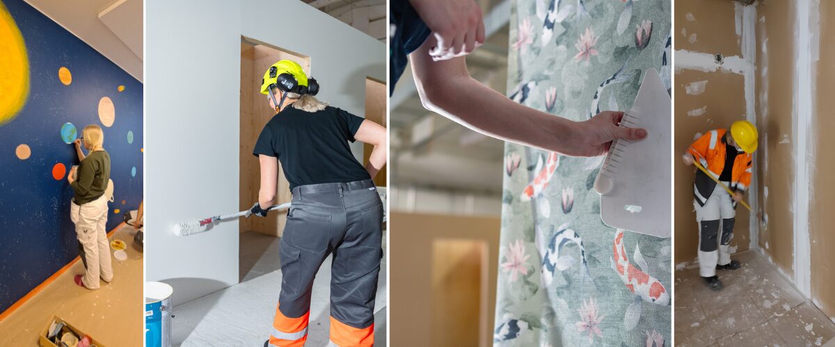 Neljän kuvan kollaasissa hiotaan seinää, tapetoidaan seinää, maalataan seinää sekä tehdään koristemaalauksia seinälle.