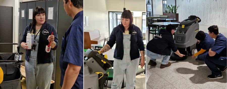 Opettaja esittelee puhtausalalla käytettäviä välineitä.