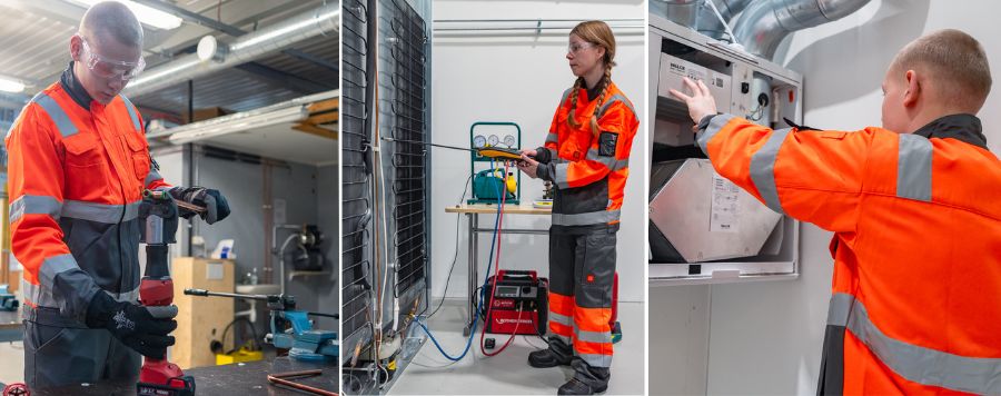 Kolme kuvaa, joissa opiskelijat tekevät putkiasennusta, kylmäasennusta ja ilmanvaihtoasennusta.