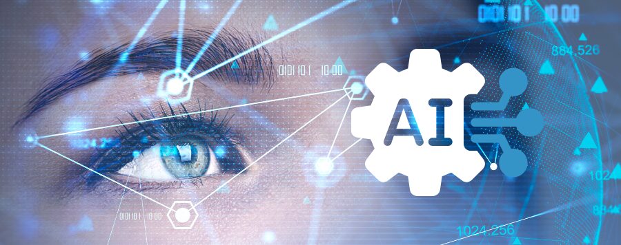 Tekoälyllä luotu sinisävyinen kuva, jossa kirjaimet AI ja nainen katsoo kaukaisuuteen takana.